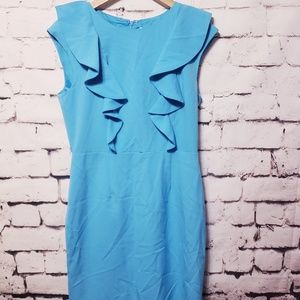 CALVIN KLEIN TURQUOISE PLEATED RUFFLE DRESS